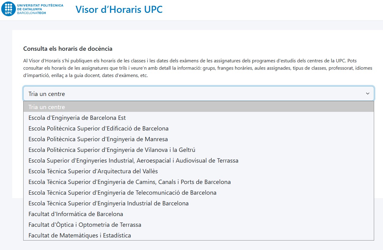 P&agrave;gina inicial Visor Horaris UPC